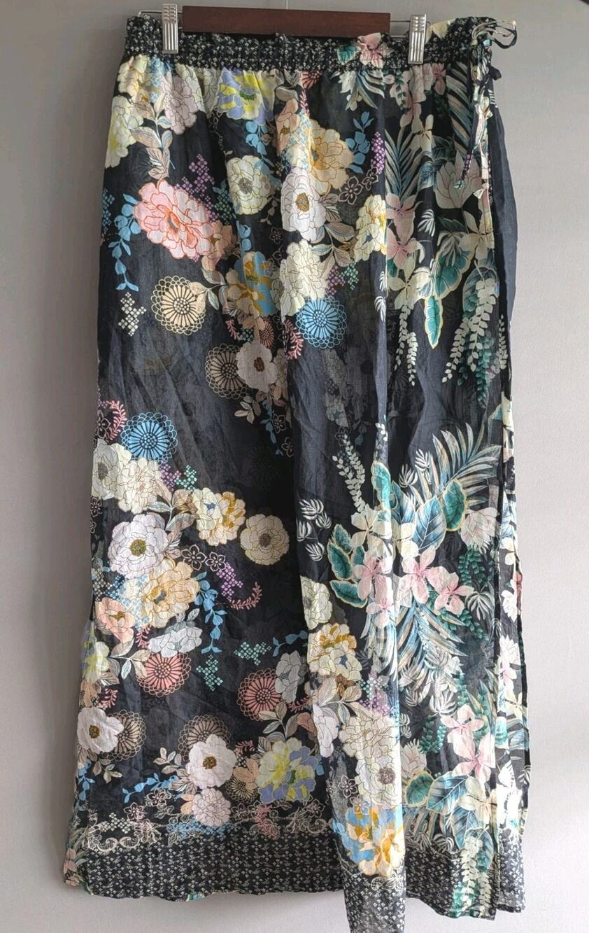 Johnny Was FMaxi Skirt L Black Floral Semi Sheer Cotton Boho Resort Cover Up